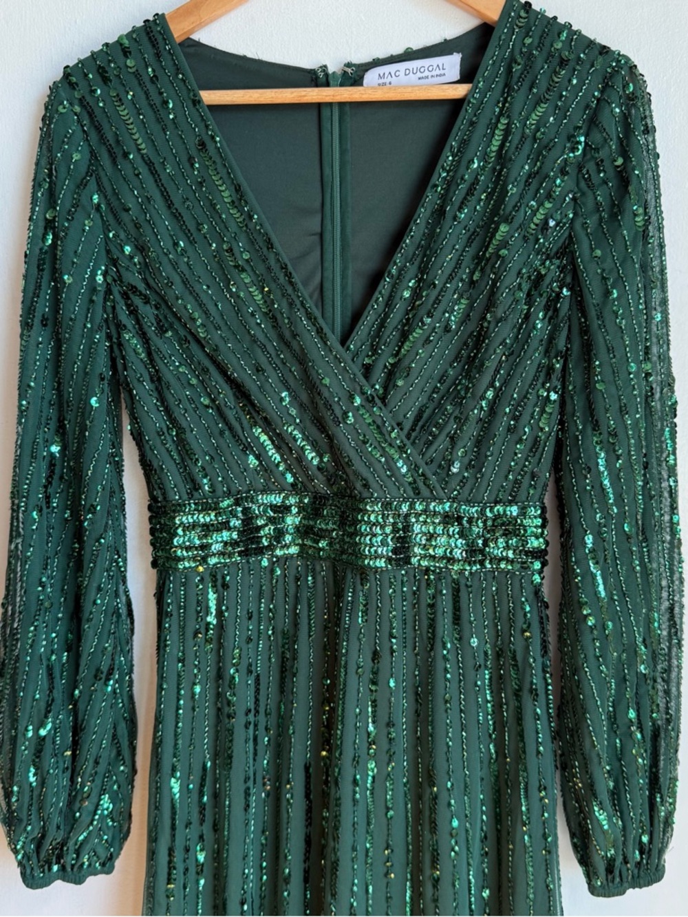 Mac Duggal Deep Green Beaded Long-Sleeve Evening Gown Size 6 New - Picture 8 of 14
